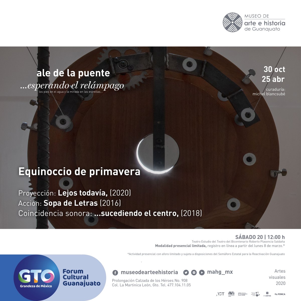 Acompaña a <a href="/AledelaPuente/">Ale de la Puente</a> en el programa interdisciplinario Equinoccio de primavera, en el marco de la expo ...esperando el relámpago⚡

La acompañan el curador y  @FannyFannyMiche 

📍<a href="/TeatrodelB/">Teatrodelb</a> 
📅Sábado MAR20
⏰12 h

⚠️Cupo limitado

📲Regístrate aquí: bit.ly/3rcmPlo