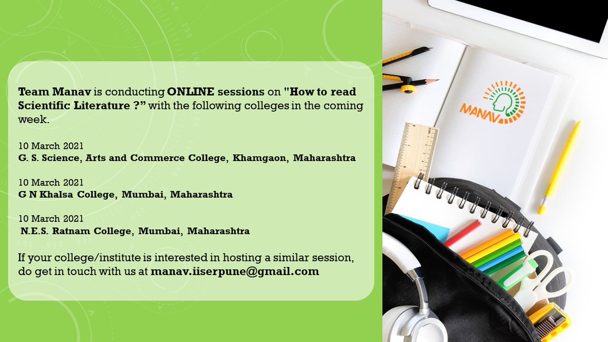 ManavAtlas's tweet photo. #Thisweek, @ManavAtlas will be conducting #ONLINE #sessions on "How to read #Scientific_Literature?” with the following colleges.

If your college/ institute is interested in hosting a similar free #webinar, email us at manav.iiserpune@gmail.com

#ManavHumanAtlas #Students https://t.co/QLYpddfg9S