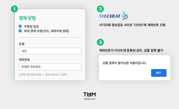 TMM이 사기 위험이 있는 계좌번호를 원천 차단합니다.

사기피해 정보공유 사이트인 더치트의 계좌조회 서비스를 이용하여, 판매자의 계좌번호가 더치트에 조회가 되면 상품이 등록되지 않습니다.

판매자는 신뢰감을 줄 수 있고, 구매자는 안심하고 거래할 수 있습니다.

takemm.com/blog/view/76