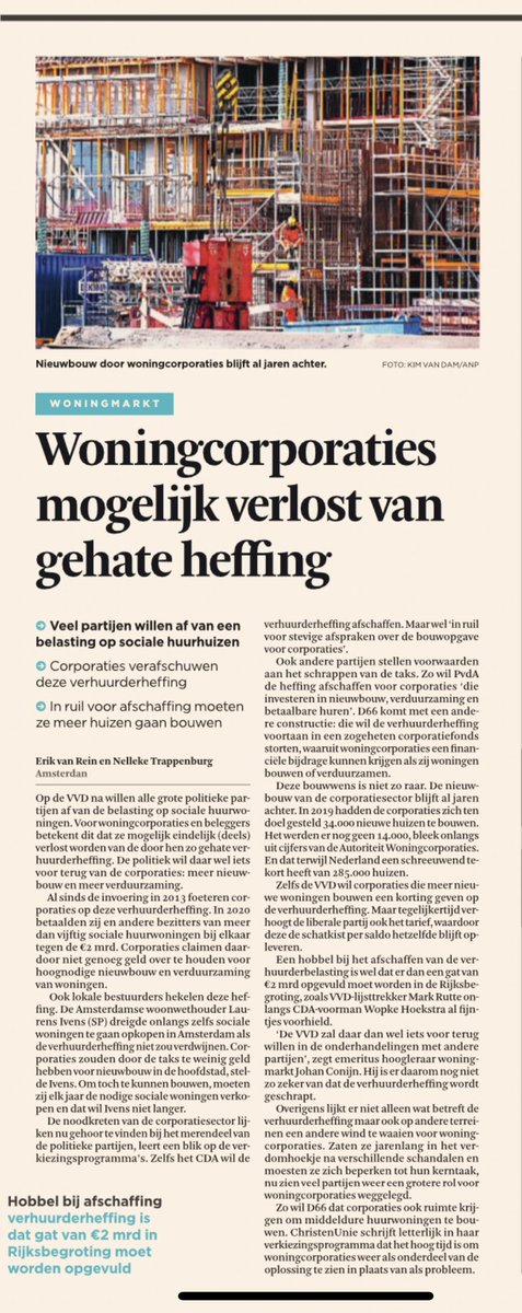 Op de VVD na willen alle grote politieke partijen af van de verhuurderheffing en dat corporaties weer meer kunnen bouwen of verduurzamen. Hobbel bij de afschaffing is dat het gat van 2 mrd in de begroting moet worden opgevuld. #wooncrisis