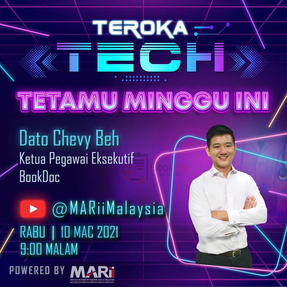MARiiMalaysia's tweet photo. Teroka Tech Episod Kedua, Rabu, 10 Mac 2021!
Mesti anda pernah dengar tentang @BookDoc kan?
Minggu ini, kita akan bersama dengan Dato' Chevy Beh, Ketua Pegawai Eksekutif @BookDoc . Nak tahu tak macam mana platform @BookDoc dibangunkan? Tunggu!
#TerokaTech #MARiiDigital https://t.co/ncnDLBvXpI