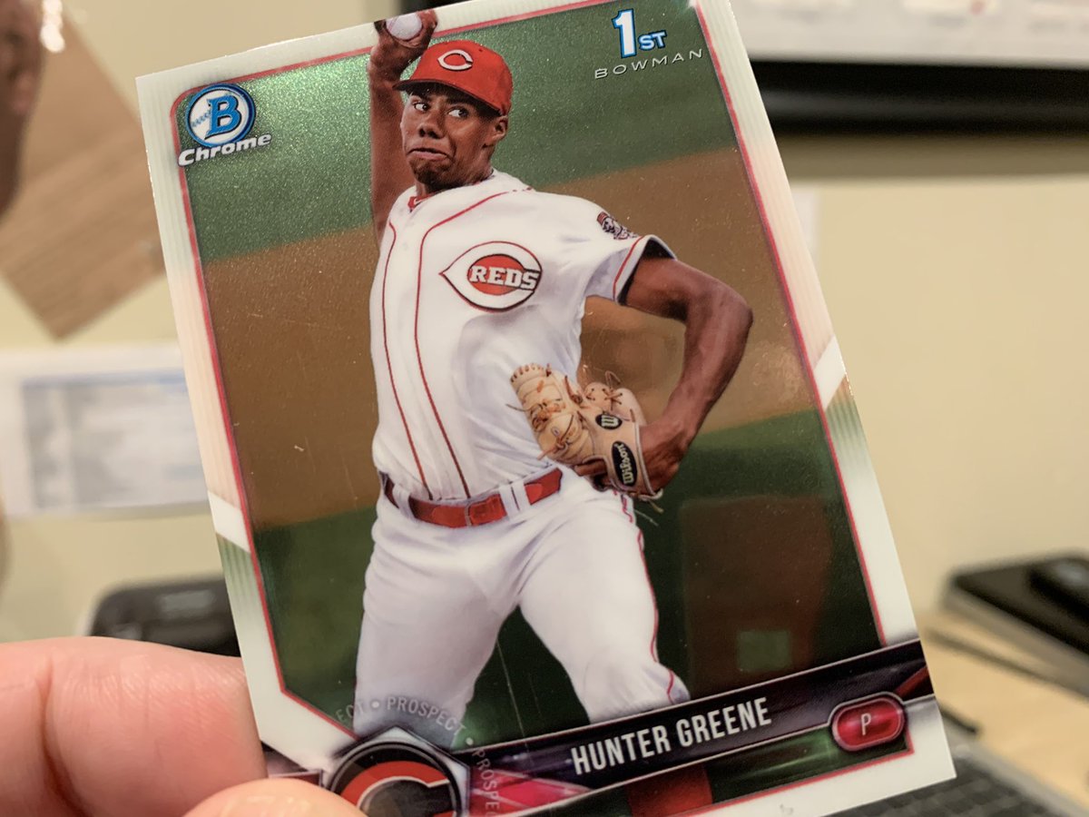 HonestRookies's tweet photo. Picked up some Hunter Greene 1st Bowman Chromes today — this one’s a little too scratched to sell — FREE to a good home if you can teach me something I didn’t know about Hunter Greene. https://t.co/wDacvxJDrL