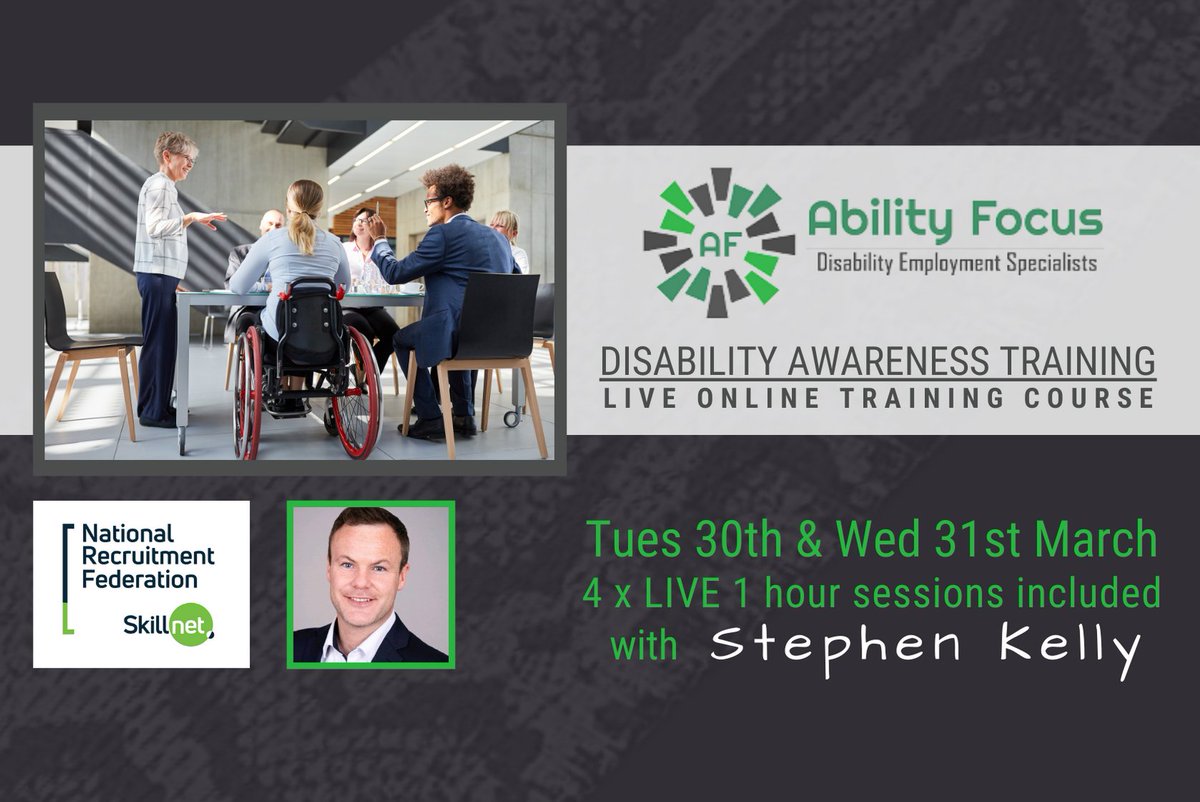 Stephen Kelly (Ability Focus), joins @nrfskillnet to present this Training Course on Mar 30+31. Educate your team re disability/related issues to improve engagement with colleagues/service users with disabilities. Book at lnkd.in/eNwDCMK #disability #onlinecourse #nrf2021