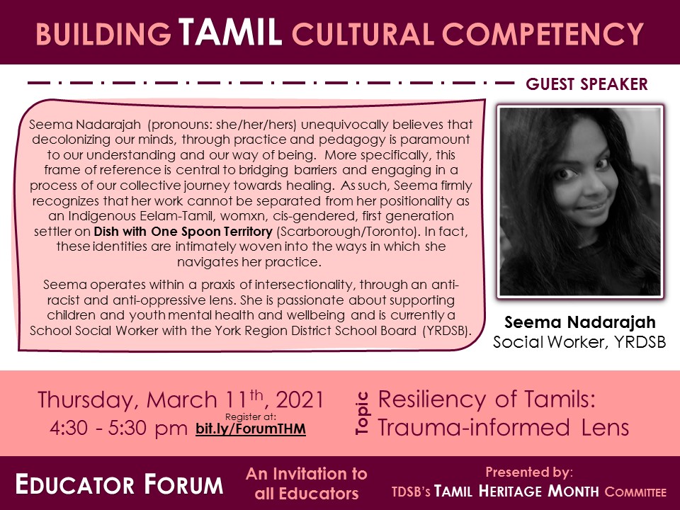 TDSB_Tamil's tweet photo. With impressive bios and extensive experiences, Seema, @NonPlainJane and Mathura are all set for a critical discussion about resiliency in the Tamil community. Will you be joining us on Thursday too? Register at: https://t.co/t6jsHmZAOh | #THMEducatorForum #edutwitter https://t.co/as94kb6dYF
