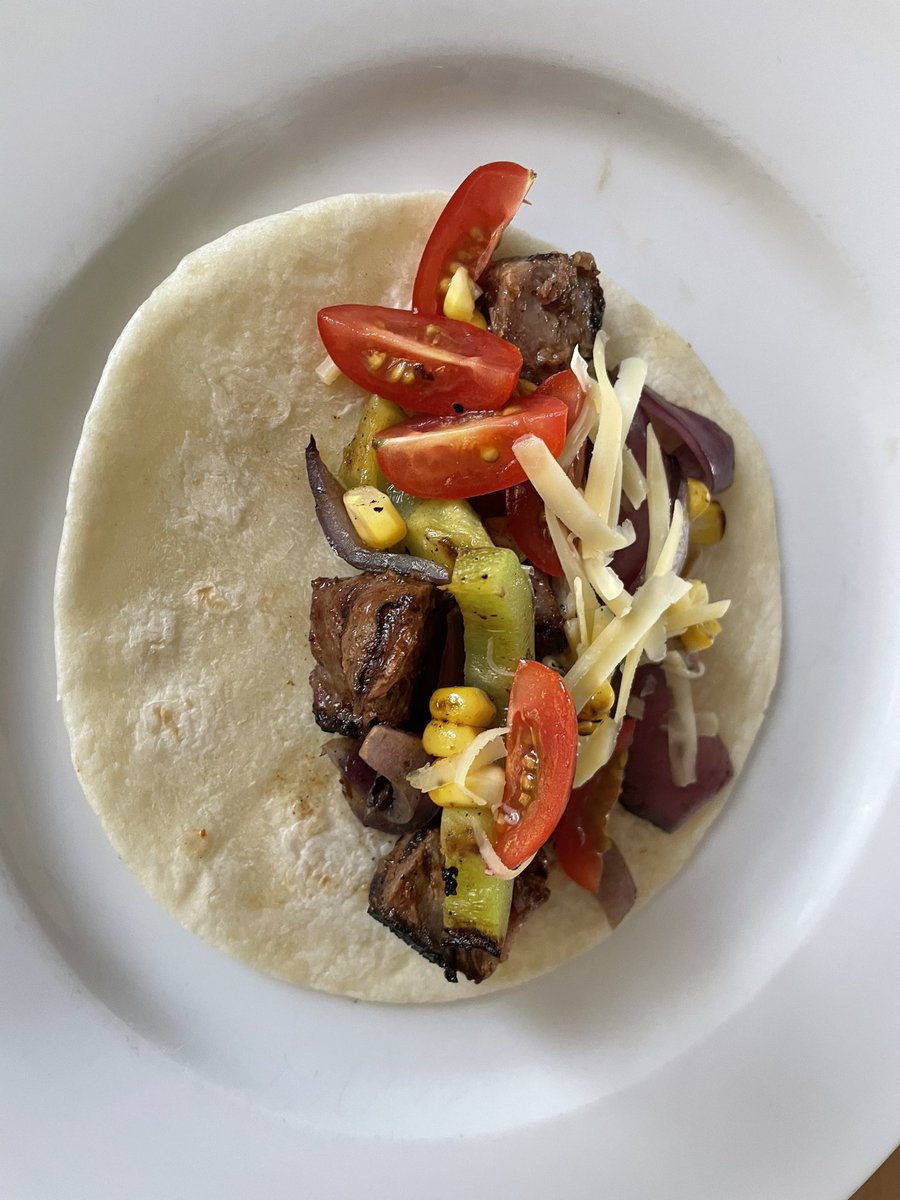 Wagyu Weekday Winner - trimmed F1 Wagyu rump, dry rubbed and cooked up with a few pretty veg on flame grill.  Cherry tomatoes on soft tortilla shells.  Quick, easy and super tasty with Wagyu richness.  Tip - get end cut of the rump with lots of rump cap - has heaps of marbling.