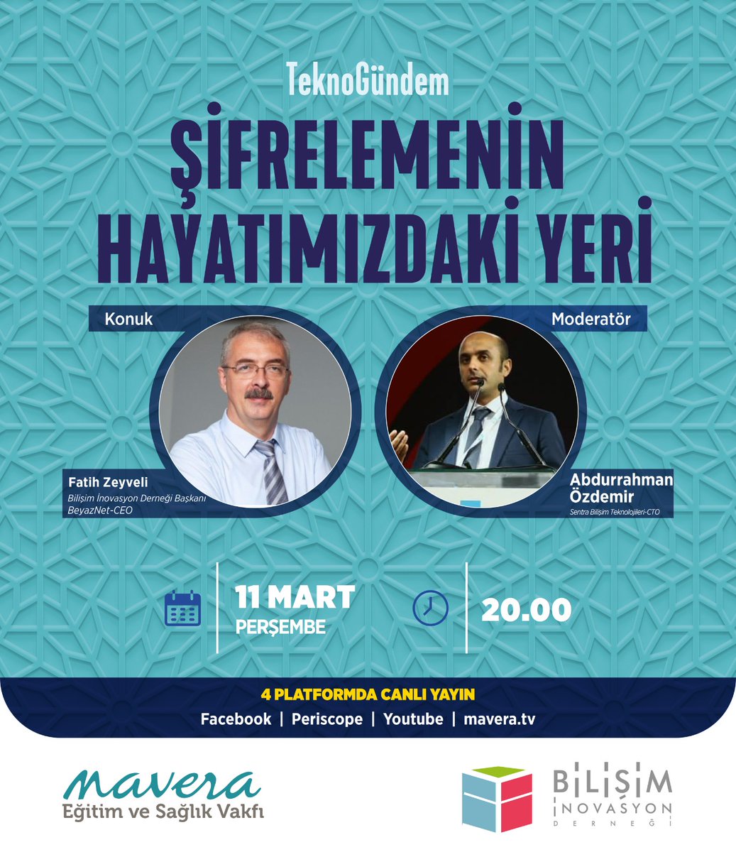 Bu Haftaki TeknoGündemimiz "Şifrelemenin Hayatımızdaki Yeri" Dernek başkanımız Sn. M. Fatih Zeyveli'nin anlatımı ve Sn. Abdurrahman Özdemir'in moderatörlüğünde 11 Mart Perşembe 20:00 'de canlı gerçekleşecek olan yayınımıza katılımınızı bekliyoruz!

#bilişiminovasyon #şifreleme