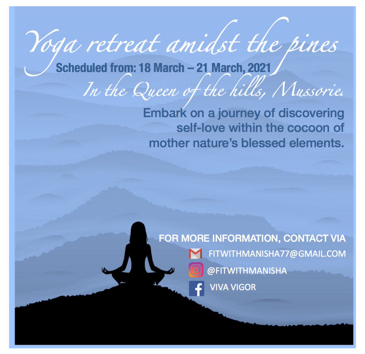 FitwithManisha's tweet photo. One life, live it for #Yog 
We beat the Pandemic with a Vaccine of Wellness. 
Amidst the hills of Mussorie , in the lap of nature a Yoga &amp; Wellness retreat 18.03 - 21.03 

#FitIndiaMovement #HealthFirst #YogSakhi

@KirenRijiju @YASMinistry @RYS200 https://t.co/dvOzoMLQWU