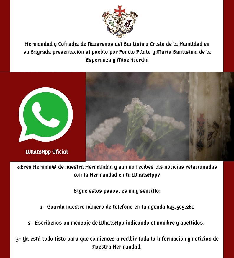 La Hermandad pone a disposición de los cofrades un nuevo servicio para estar al día de todas las noticias, novedades y actividades que se realizan a través de la App Whatsapp.