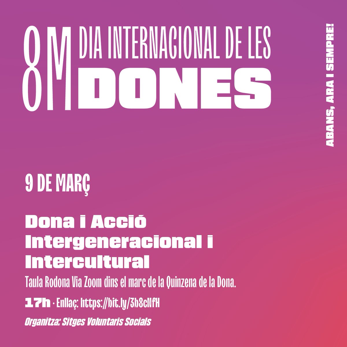 AjSitges's tweet photo. 'Dona i Acció Intergeneracional i Intercultural'. @SVS_Sitges protagonitza una nova taula rodona en el marc de la Quinzena de la Dona.
🕧17 hores
Inscripcions: 👉https://t.co/yX89qwaGs4
#Sitges #8M #8MSitges #DiaInternacionaldelesDones https://t.co/lTlqx6Hm6B