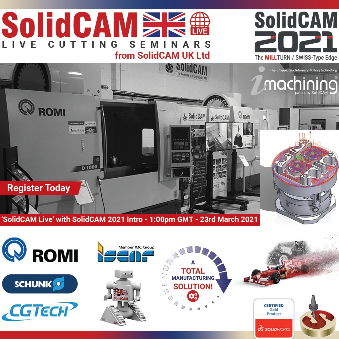 SolidCAMUK's tweet photo. What's new in #SolidCAM2021? Join @SolidCAMUK at our next #SolidCAMLive event, streamed live from our #TechnologyCentre, to find out! #TotalManufacturingSolution event with @romi_uk, @UkIscar, @SCHUNK_HQ, @CGTechUK1. Live Q&A & #livecutting. #iMachining #camsoftware #cncmachining https://t.co/9Rps7yWSbC