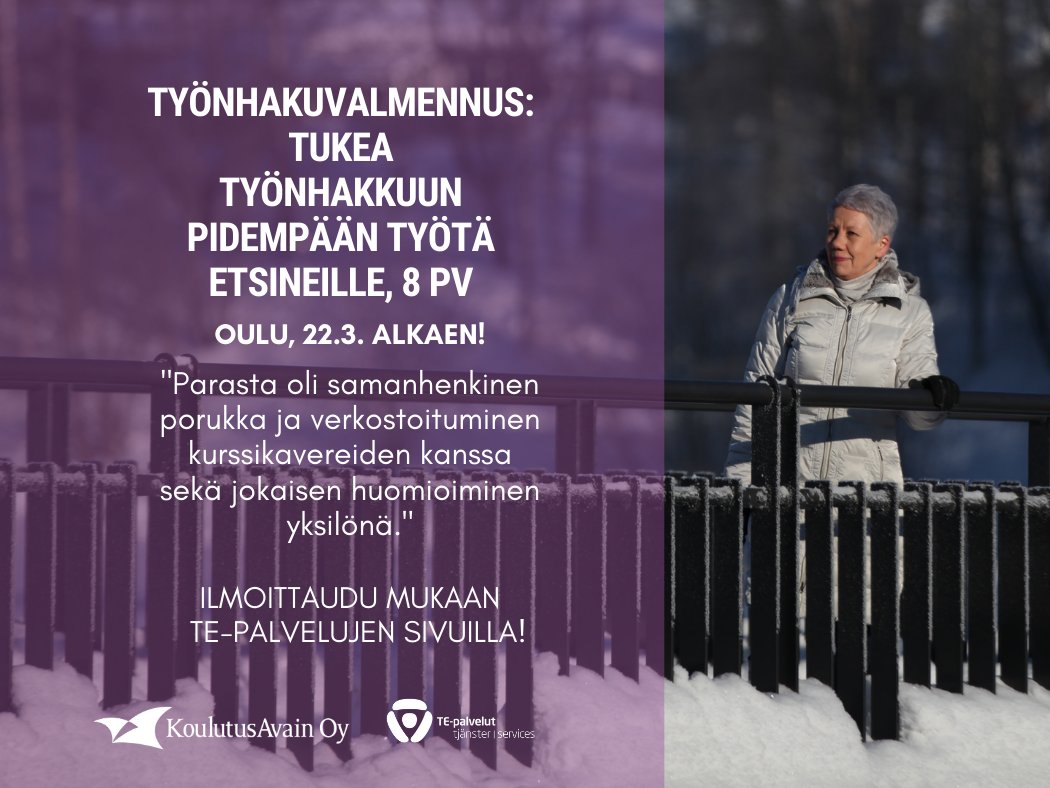 Tarviikko nää apua työnhakkuun? 
Tule mukkaan valmennukseen, luodaan yhessä sinulle sopiva polku! Valmennus Oulussa alkaa 22.3. Ilmoittaudu mukaan nyt! Linkki: bot.fi/3kgv