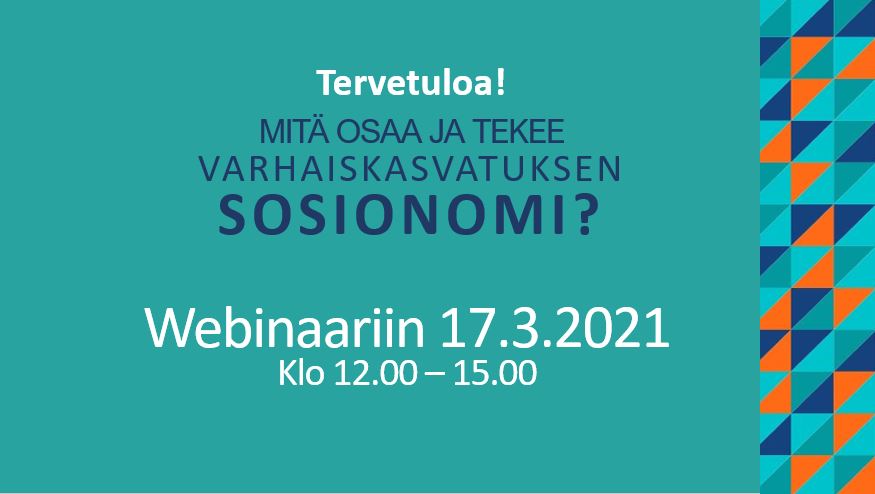 Valtakunnallinen ammattikorkeakoulujen varhaiskasvatusverkosto kutsuu opiskelijat, opettajat ja työnantajat keskustelemaan varhaiskasvatuksen sosionomin koulutus- ja uranäkymistä webinaariin 17.3. Lue lisää: bit.ly/2Ov2VDY #varhaiskasvatus #sosionomi