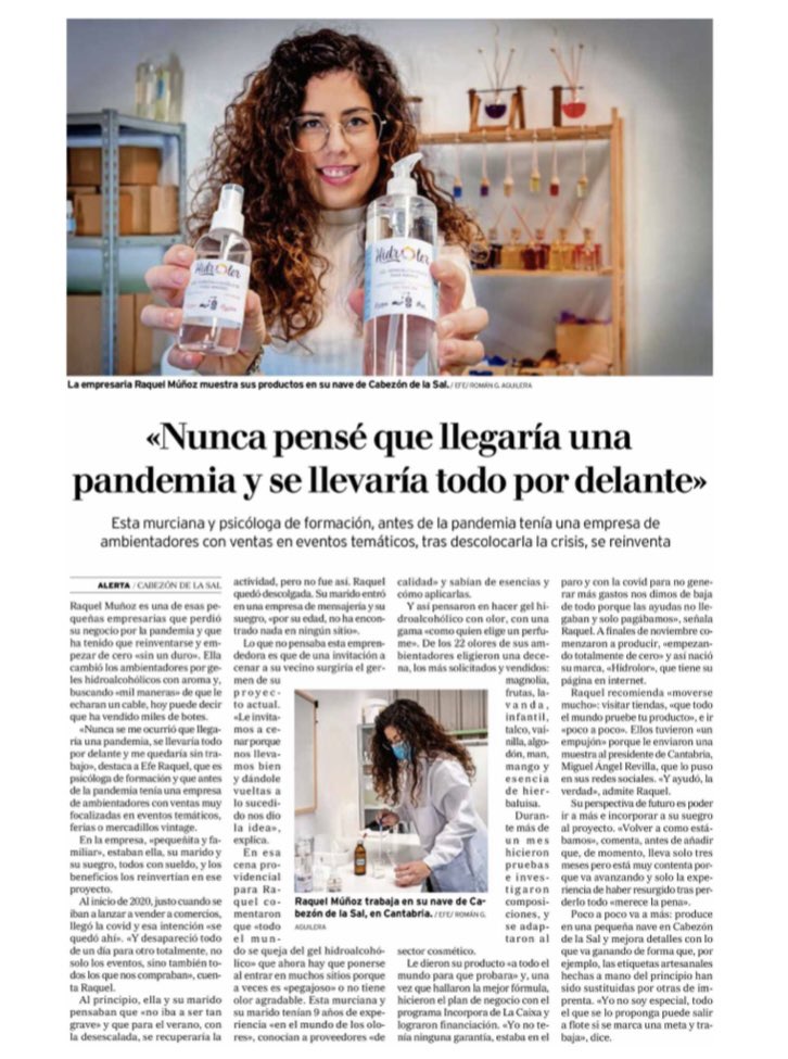 xabierzubiri's tweet photo. 🗞 La empresa de Raquel en la localidad cántabra de Cabezón de la Sal, como otras tantas, tuvo que cerrar por la pandemia. Pero se reinventó, y con el apoyo de #MicroBank, el banco social de @caixabank, lanzó un proyecto exitoso de geles hidroalcoholicos con aromas. (Sigue hilo) https://t.co/Wlzl3UsoqK