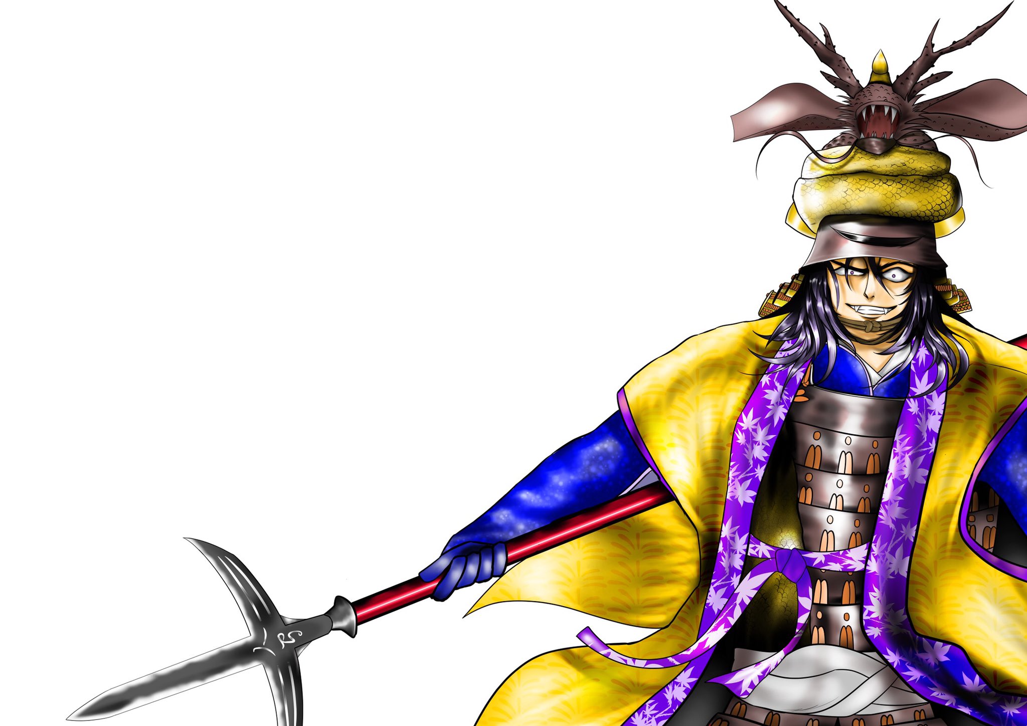 宇喜多イラスト 背景なしの森長可イラストです 兜は龍が乗っている 龍頭形兜 槍は 骨がないように人が切れる 人間無骨 です 森長可 森長可イラスト