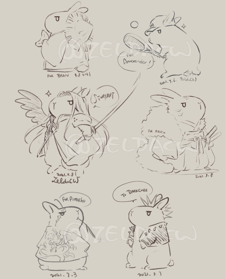 some Bunny Maru doodles requested during my Twitch stream....?

XL maru. Echizen Ryomaru, Sephimaru, SesshoMARU, yakuza boss maru, &amp; mohawk maru 