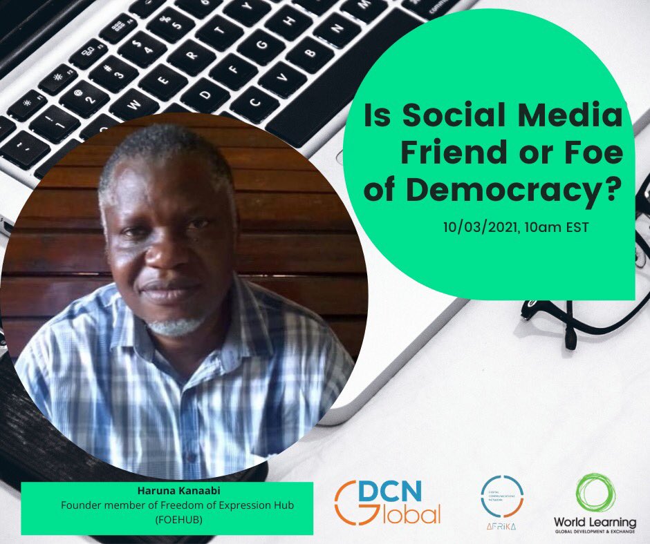 #HappeningTomorrow Africa is becoming digital, but what does that mean for our sociopolitical trajectory? Join <a href="/Ms_Aurra/">Aurra</a>, Journalist Admire Kudita &amp; <a href="/Xpressionhub/">Freedom of Expression Hub</a>’s Haruna Kanaabi as they deep dive into social media &amp; its impact on democracy. 5pm CAT on @DigiComNet_Org <a href="/DCNAFRICA/">DigiComNet Africa</a>