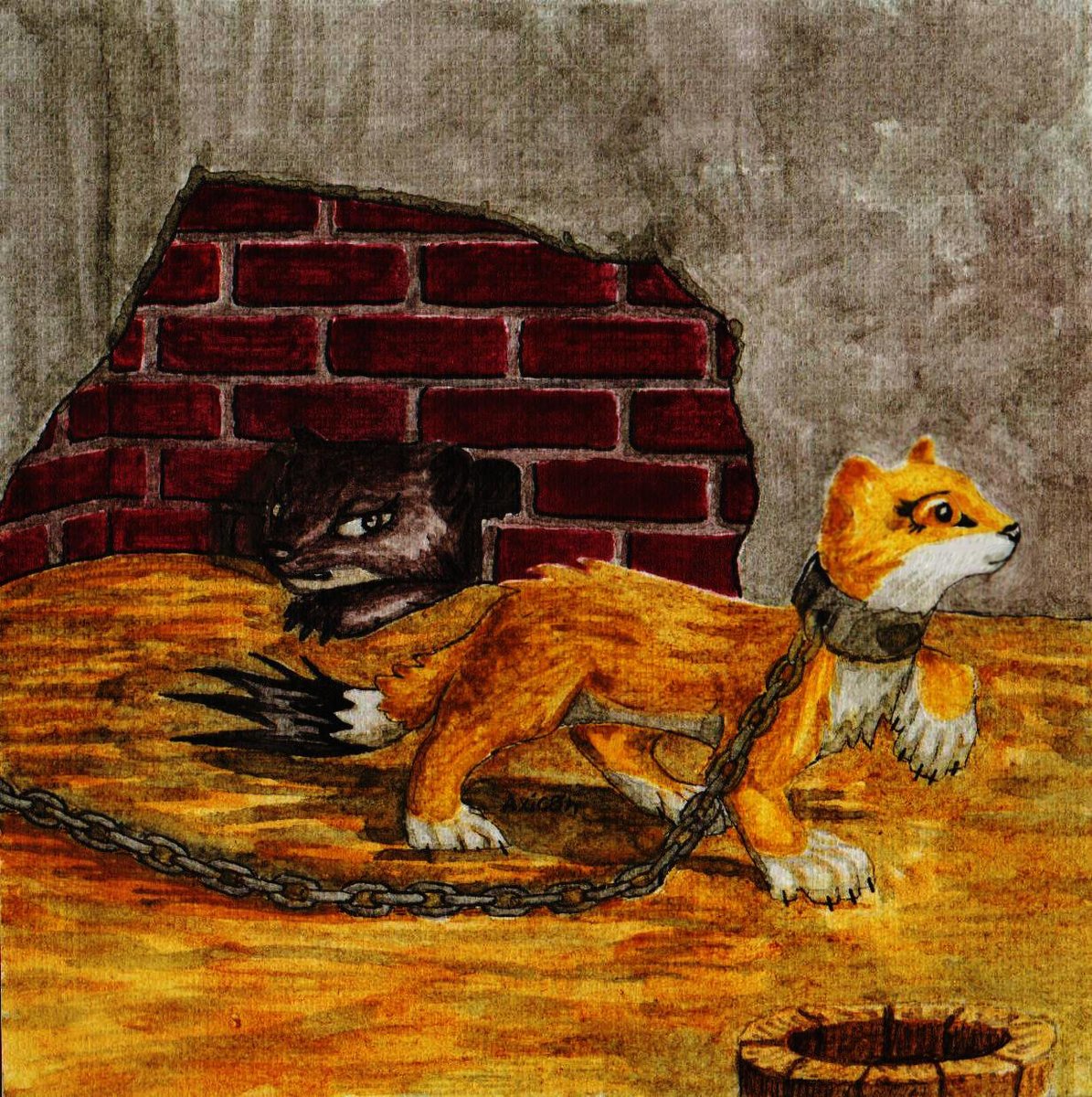 AxiconK's tweet photo. Arkumida meets Nympha in prison

February 2021
10x10 cm, aquarelle, liners, paper

#weasel #stoat #feral #aquarelle #tradish #watercolour #mustelidae #prison #chain #harza #furry https://t.co/FLbUH5uGcv