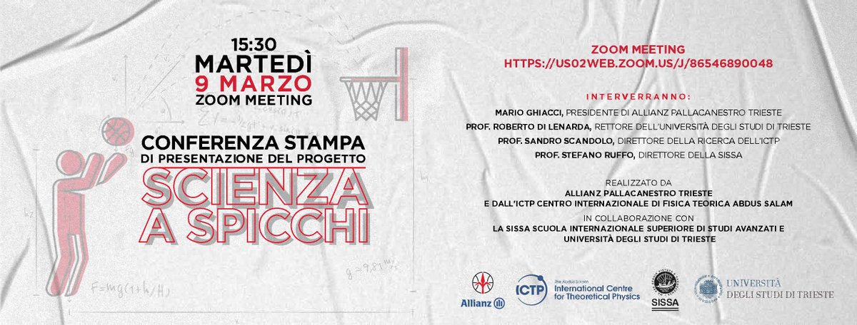 Oggi, #9marzo, alle 15.30 conferenza stampa di presentazione di "Scienza a Spicchi".

Intervengono:
Mario Ghiacci, presidente di Allianz Pallacanestro Trieste
Roberto Di Lenarda, Rettore UniTS
Sandro Scandolo, ICTP
Stefano Ruffo, Direttore SISSA