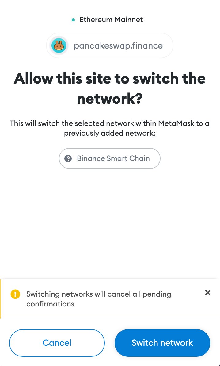 We just pushed a pretty cool new update for <a href="/MetaMask/">MetaMask.eth 🦊</a> users!

Don't have BSC added to your MetaMask? #PancakeSwap will give you a 1-click add option when you connect your wallet to the site. 

You will also get a prompt to switch if you connect on the wrong network.

Easy mode.