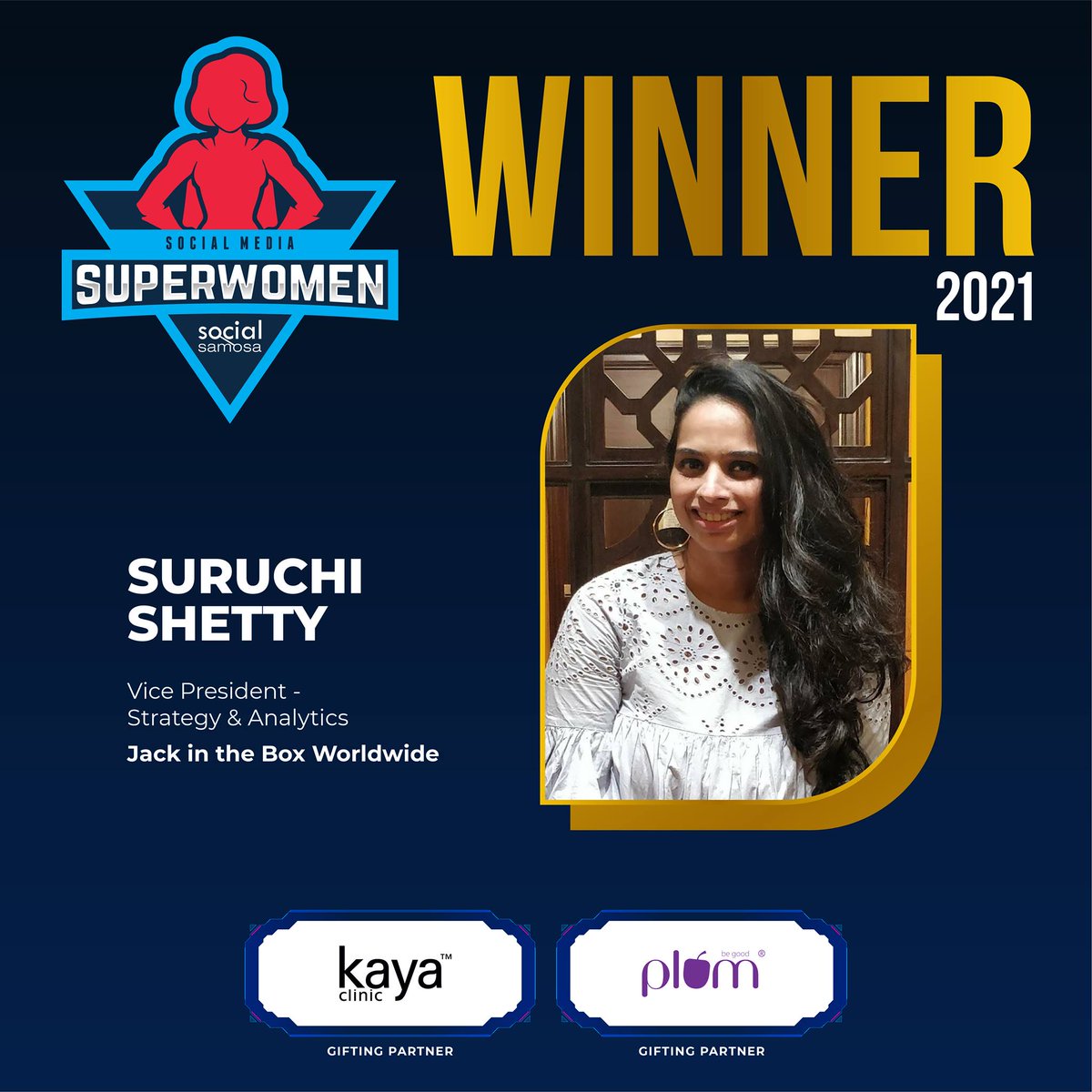 Congratulations to Suruchi Shetty, VP - Strategy &amp; Analytics at <a href="/jackintheboxww/">Jack in the Box WW</a>, for winning at the Social Media #Superwomen2021 awards by <a href="/Social_Samosa/">Social Samosa</a>!

#socialmediaawards #socialsamosa #bosslady #killingit #workgoals #womenatwork #winner #digitalmarketing #jitbww #120mc