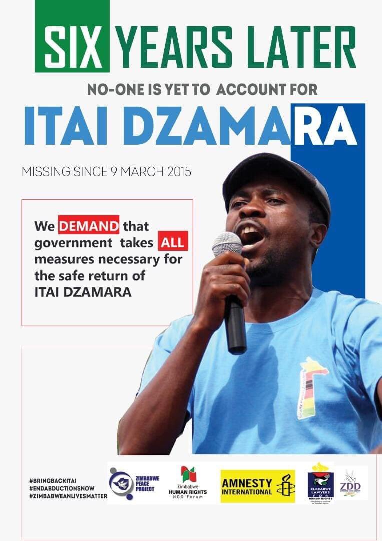DivineZimbabwe's tweet photo. Six years after his abduction,Itai remains missing. We call upon the state to come clean and account for Itai Dzamara.
The Gvt blames citizens for faking abductions yet one of their own has not been returned. #BringBackItai
@zhrc365 @euinzim @siemathe @_AfricanUnion @UNZimbabwe https://t.co/Y8cXAQ5rJh