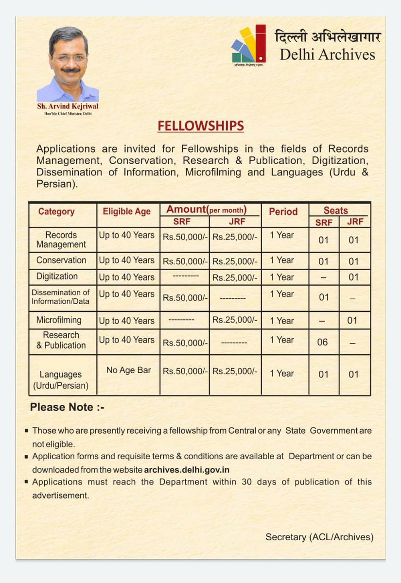 Delhi_Archives's tweet photo. Delhi archives invites applications for fellowships in the fields of Records management, Conservation, Research and publication, Digitization, Dissemination of information, Microfilming and Languages (Urdu and Persian). Share it as widely as possible. Last date: April 8th, 2021 https://t.co/yceTAeOHO1