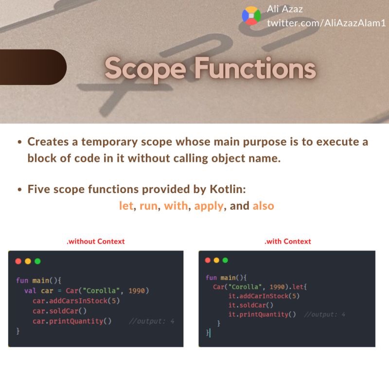AliAzazAlam1's tweet photo. #ScopeFunction in #Kotlin

Follow me✌🏻: 
Medium: https://t.co/KJN6tOxODh

#kotlindeveloper #googledevelopers #androiddev #androiddevelopment #androidapplications 
@androiddevRTbot #AndroidDev #100DaysOfCode #30DaysOfFlutter #30daysofcode #googlecloudcommunity https://t.co/DeNPM6kHiv