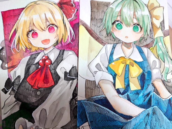 #水彩イラスト #アナログイラスト
#東方Project
委託させていただく予定のイラストです❀.(*'▽`*)❀.
ルーミアちゃんと雛ちゃんのお顔が特に好き︎( *'꒳`* )?︎ 