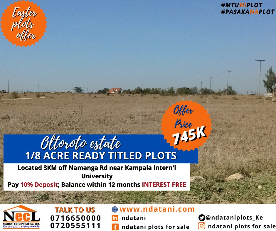 ndataniplots_Ke's tweet photo. Oltoroto estate is a definition of value for money!
The plots are ideal for investment,rental units and shopping centers to serve the institutions.
Get EASTER offer up to 10% cash discount or pay polepole with 10% deposit.
Call 0716650000 or 0720555111
#MtuNiPlot #EasterPlotDeals https://t.co/K6ou3HLebU
