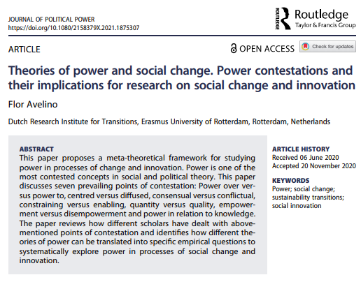 FlorAvelino's tweet photo. How is power contested and what does this mean for research on social change & innovation? My paper on power theories in relation to social change has been published open access in the journal of Political Power https://t.co/MKYKN1g8gB #PowerinTransition https://t.co/7Y5oqZmXPW