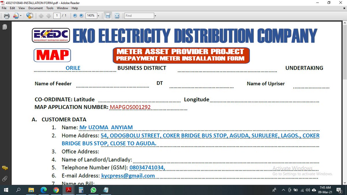 OfficialKAYSY's tweet photo. @EKEDP The FGN free prepaid meters have started rolling out. This person applied November 21, 2020 and today the meter has been installed.

Check out Number 11 (Type of Map) under section B (PREPAYMENT METER INFORMATION) https://t.co/PCBFx4r8O0