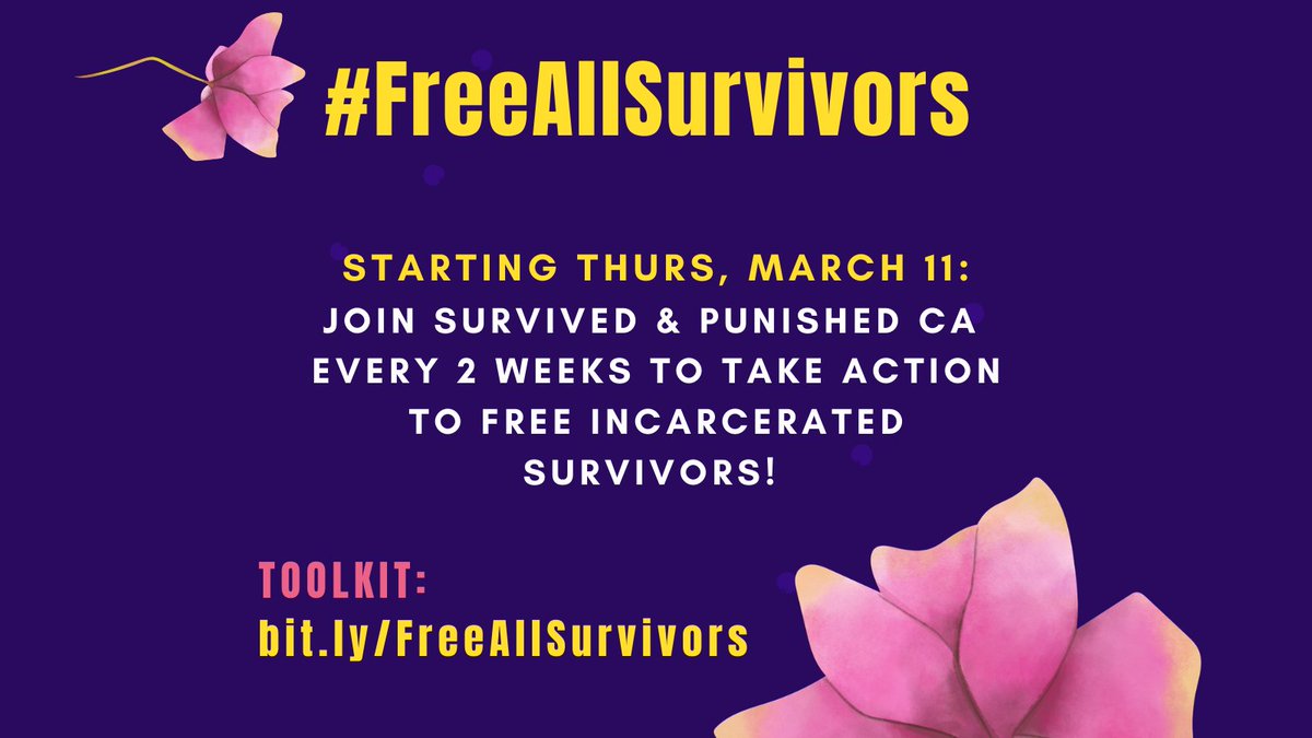Purple background with pink, yellow, and white text. Text: “#FreeAllSurvivors. Starting Thurs. March 11, take action every two weeks to free incarcerated survivors! Toolkit: bit.ly/FreeAllSurvivors"
