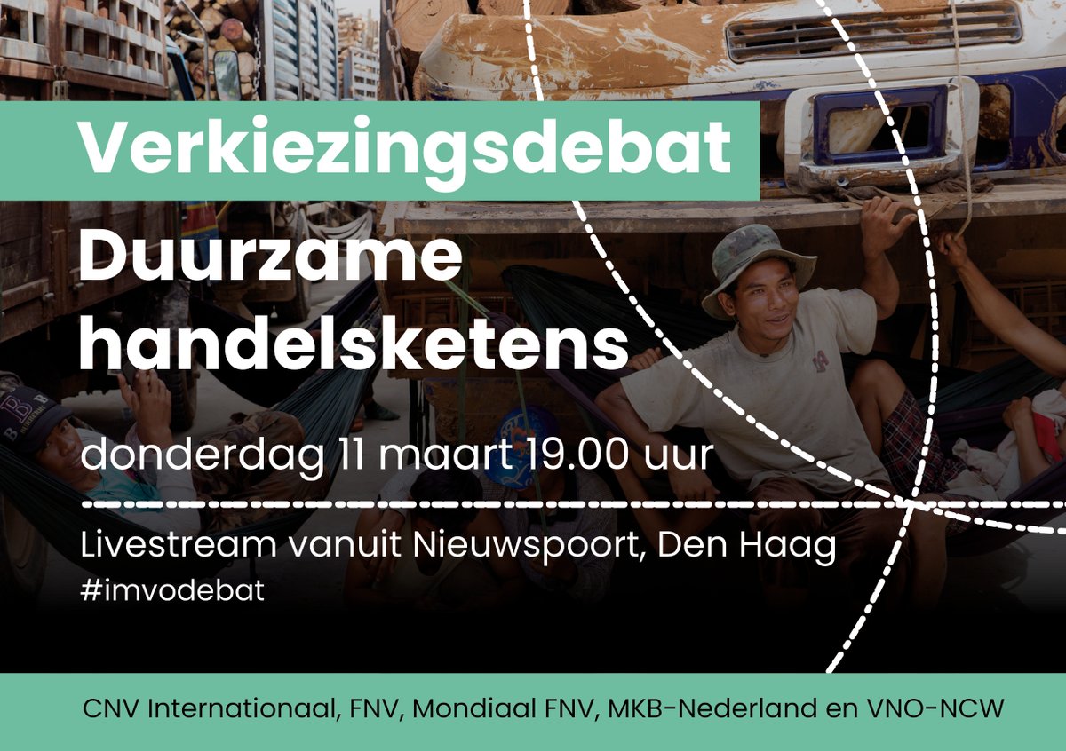 Nieuwsgierig naar de overheidsambities voor #DuurzameHandel? Tijdens #imvo debat 11 maart, 19 uur, vertellen kandidaat-kamerleden hun plannen rondom #InternationaalVerantwoordOndernemen. bit.ly/3kPwHzm 

<a href="/FNV/">FNV</a> <a href="/vakbond/">CNV</a> <a href="/cnv_internat/">CNV Internationaal</a> <a href="/VNONCW/">VNO-NCW</a> <a href="/MKBNL/">MKB-Nederland</a> <a href="/MinBZ/">Ministerie van Buitenlandse Zaken</a> <a href="/fransdekker86/">Frans Dekker</a>
