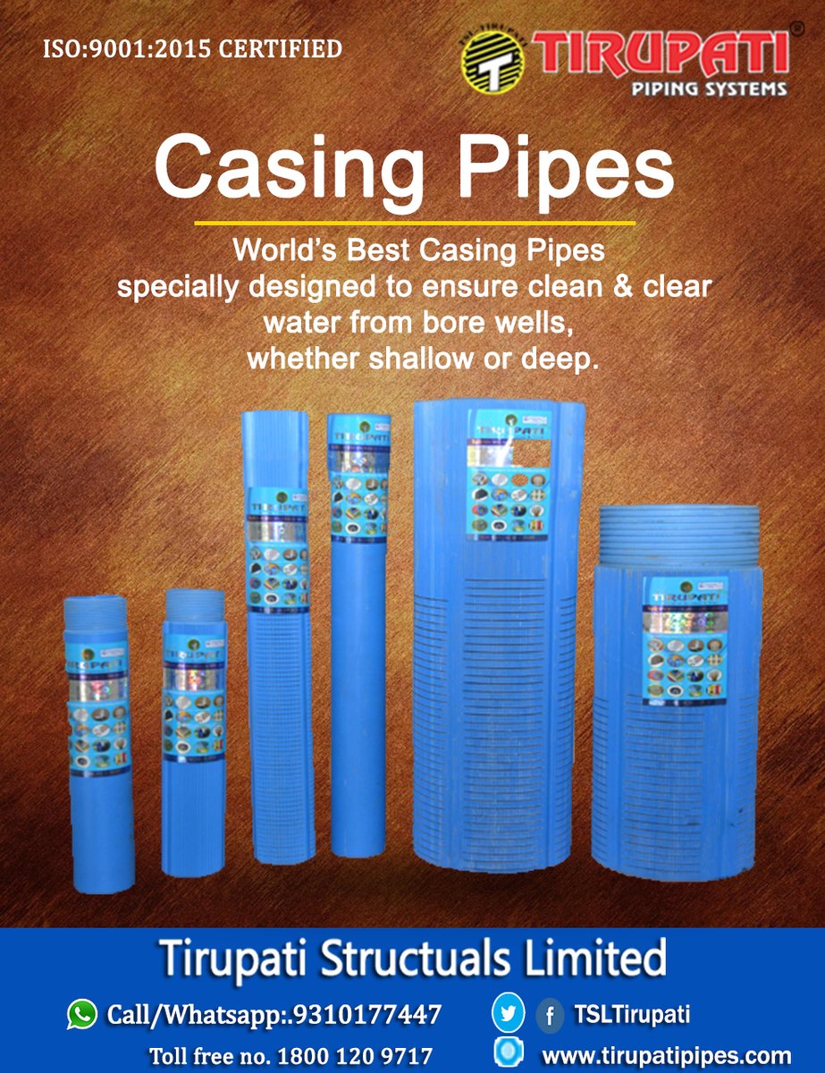 TSLTirupati's tweet image. 𝐓𝐢𝐫𝐮𝐩𝐚𝐭𝐢 𝐂𝐚𝐬𝐢𝐧𝐠 𝐏𝐢𝐩𝐞𝐬 specially designed to ensure clean &amp;amp; Clear water from bore wells
✅ Non Toxic
✅ Corrosion Resistant
✅ Light Weight
✅ Easy Installation
✅ Durable
𝐂𝐚𝐬𝐢𝐧𝐠 𝐏𝐢𝐩𝐞𝐬 𝐈𝐧𝐪𝐮𝐢𝐫𝐲 👉 bit.ly/2PPRwzj
#casingpipes #casingpipe