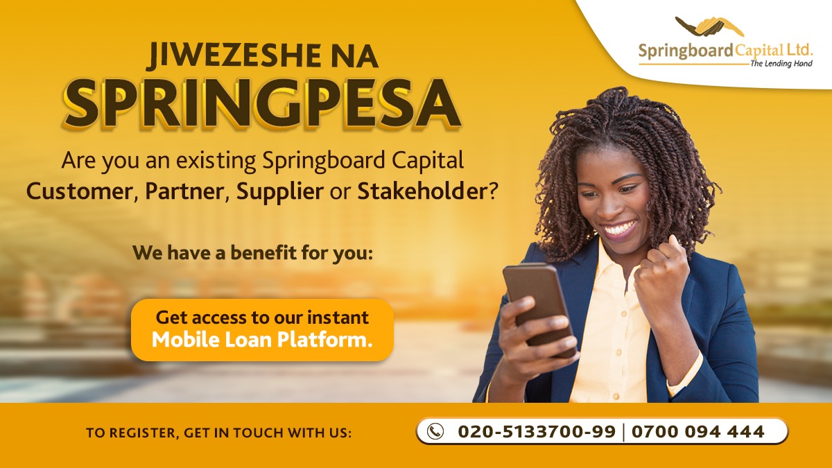 springboardke's tweet photo. As an existing customer, partner, supplier or stakeholder, you are entitled to exclusive products and facilities. Call your Relationship Officer or Whatsapp us on 0700 094 444 to register for SpringPesa today! #mobileloan #springpesa https://t.co/sgHPDUSRRO