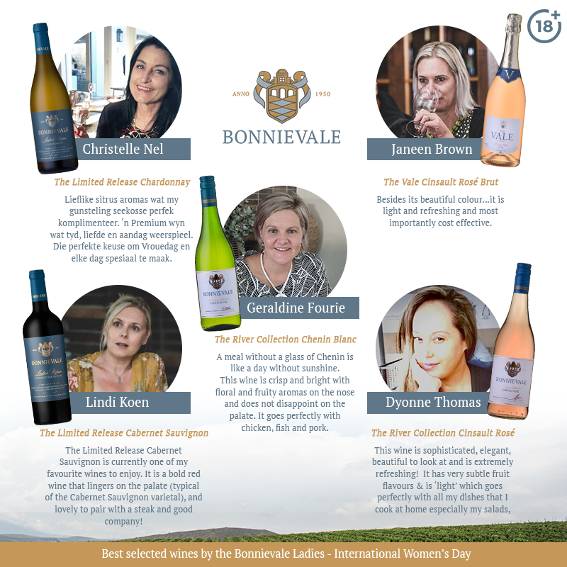 The ladies of Bonnievale Wines share their favourite choices of wine for #InternationalWomensDay😍

Order your Women's Day wines online at: bit.ly/2O4MTAS  
#bonnievalewines #WomensDay #OrderOnline