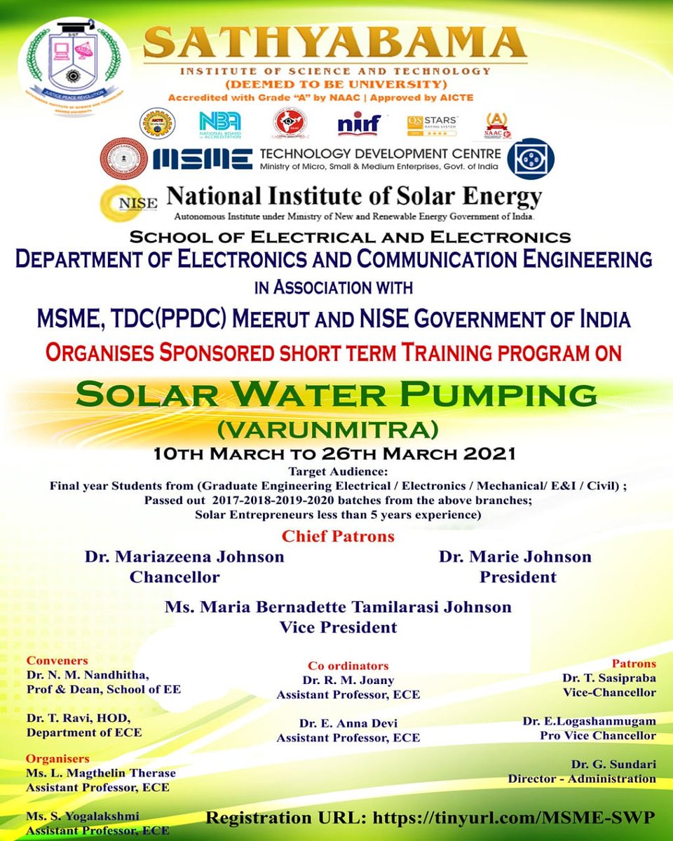 Sathyabamaofficial Department Of Electronics And Communication Engineering School Of Electrical And Electronics Organises A Sponsored Short Term Training Programme On Solar Water Pumping System Training Programme Varunmitra In