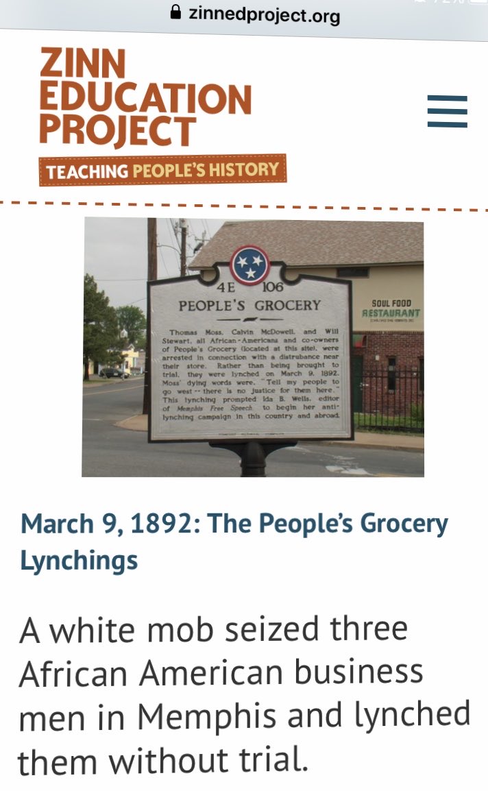 AyizeS's tweet photo. #TodayInBlackHistory 3/9 of 1892 #RIP #ThomasMoss #CalvinMcDowell &amp; #WilliamStewart of #ThePeoplesGroceryStore who were lynched by a #WhiteMob &amp; #IdaBWellsAntiLynchingWork launched as a response to this atrocity Thx ⁦@ZinnEdProject! ⁦@barbs73 See: https://t.co/AjCYBetqBR https://t.co/C9RN4oTnaI