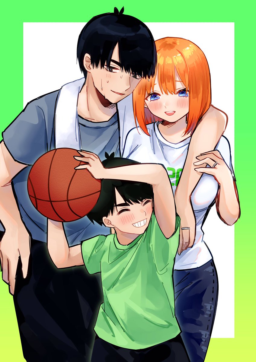 nakano yotsuba 1girl 2boys basketball multiple boys orange hair ring black hair  illustration images