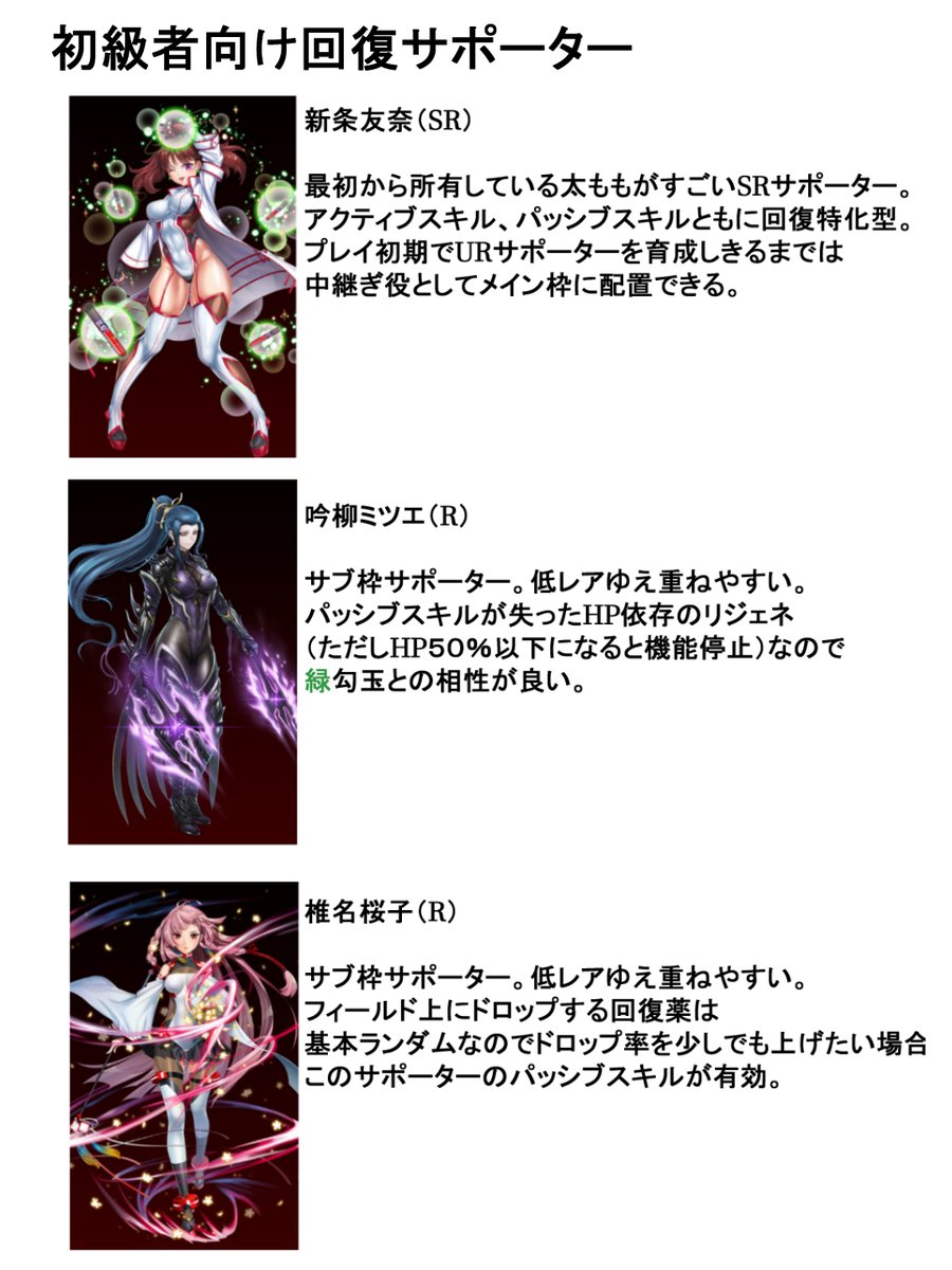 #アクション対魔忍 
(1/3)
以下の資料は転載可、許可不要です。

勾玉の有効性について画像でまとめました。
有志の方の攻略まとめ、情報収集に役立てれば幸いです。
※私個人が丸一年プレイした経験と他の方の呟き、まとめを参考にサンプル数1として作成しました。
※環境が変わることもあるので 注意 