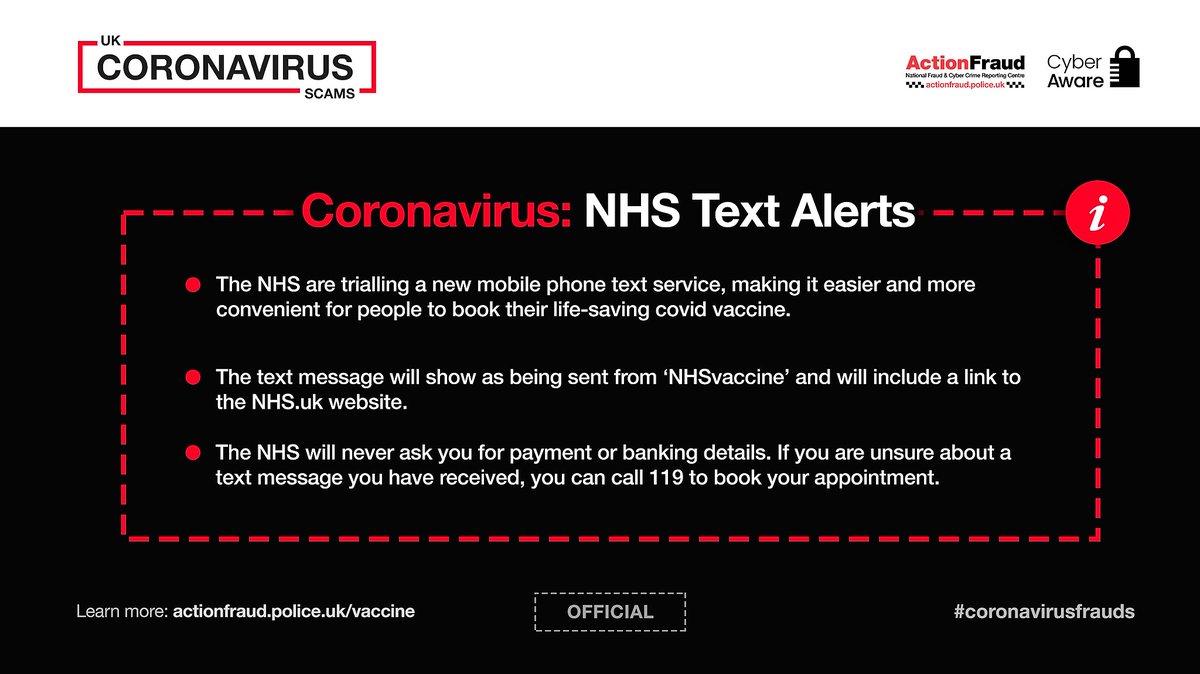 StaffsPolice's tweet photo. Beginning today, @NHSuk will be sending text messages to some people to invite them to book a COVID-19 vaccine appointment. 📱

Remember, the NHS will never ask you for payment or banking details in order to receive the vaccine. 

More: https://t.co/ajGtyeo4iK

#CoronavirusFrauds https://t.co/oHtHSxo4WR