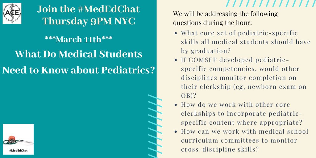 MedEd Chat (hosted by ACE) (@mededchat) on Twitter photo Join the #MedEdChat Mar 11th at 9 PM EST/NYC with our guest hosts <a href="/COMSEPediatrics/">COMSEP</a> to discuss integrating pediatrics throughout the medical school curriculum! #meded <a href="/bzmorgenstern/">Bruce Morgenstern</a> <a href="/Kind4Kids/">Terry Kind, MD MPH</a> <a href="/cpeltier007/">Chris Peltier, MD, FAAP</a> Join the #MedEdChat Mar 11th at 9 PM EST/NYC with our guest hosts <a href="/COMSEPediatrics/">COMSEP</a> to discuss integrating pediatrics throughout the medical school curriculum! #meded <a href="/bzmorgenstern/">Bruce Morgenstern</a> <a href="/Kind4Kids/">Terry Kind, MD MPH</a> <a href="/cpeltier007/">Chris Peltier, MD, FAAP</a>