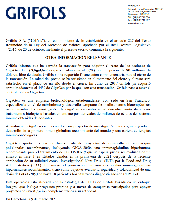CapitalBCN's tweet photo. #Grifols 
Completa la compra de la estadounidense #Gigagen por 80 millones $ https://t.co/lnwZlrnF7J