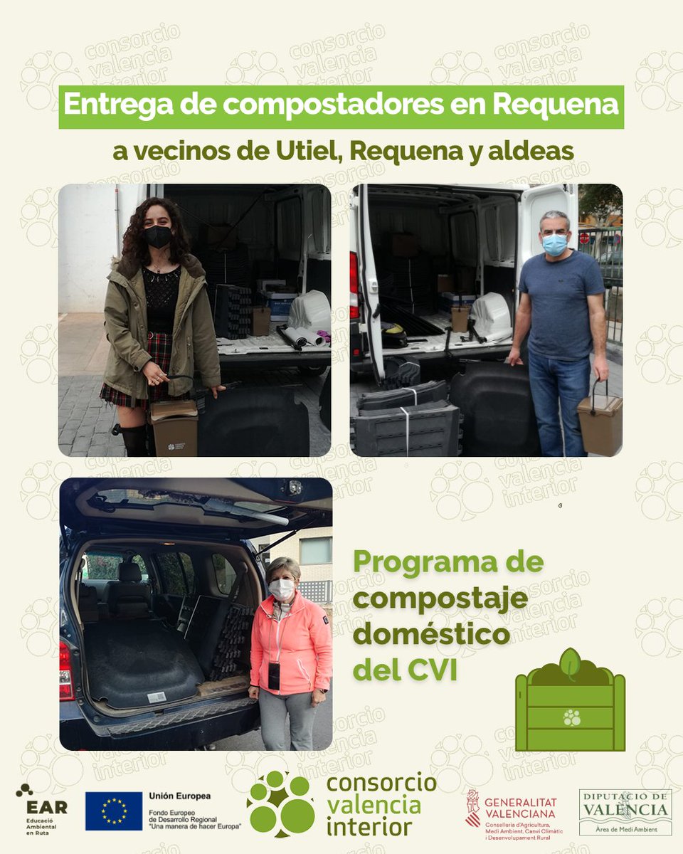 CVI_V3's tweet photo. 🍎🥬🍌🐛El viernes pasado entregamos 🔟 compostadores en #Requena a vecinos de este municipio, sus aldeas y a vecinos de #Utiel que habían participado en las sesiones de formación online en días anteriores.
#compostajeCVI
@reaccionaxclima @AYTOREQUENA @AytoDeUtiel https://t.co/X8AgfXmPod
