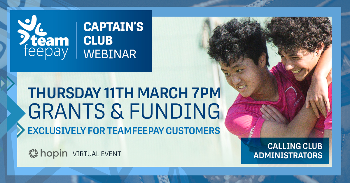 CALLING CLUB ADMINISTRATORS...
Securing Grants &amp; Funding - the sustainability and future of sports clubs. This webinar on Thurs 11th March will advise on which funding sources are open. Free to existing teamfeepay customers (your invite will be issued via email) #tfpcaptainsclub