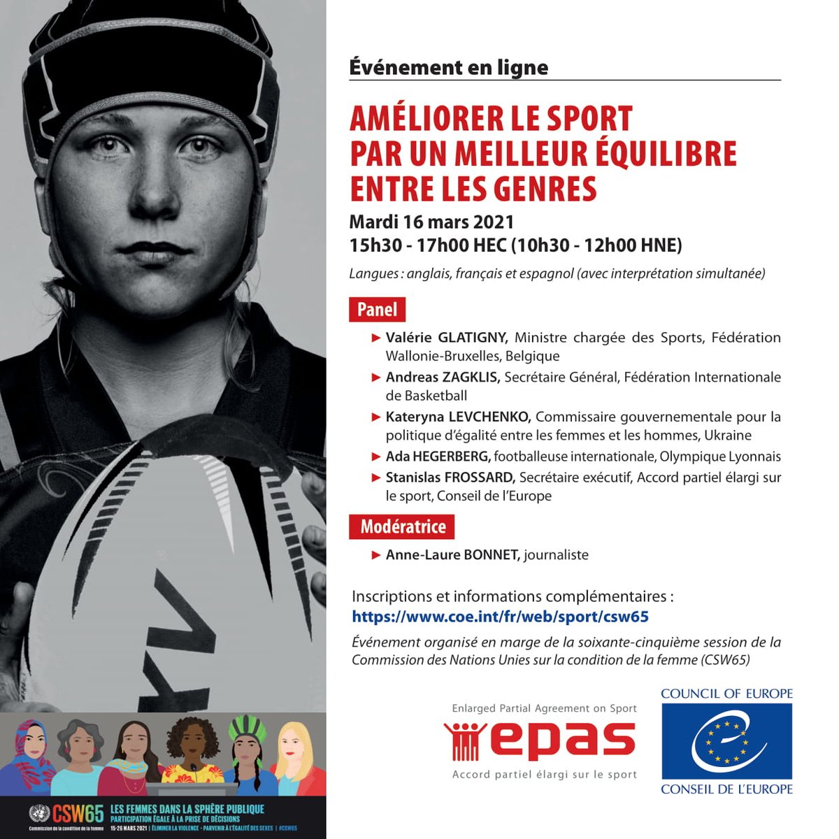 Parmi nos intervenants <a href="/valerieglatigny/">Valérie Glatigny</a> Ministre responsable du sport en Belgique sur comment un meilleur équilibre entre les genres peut-il améliorer le #sport? 
En ligne le 16 mars à 15h30 CET - inscrivez-vous bit.ly/3kKoCM8
#CSW65 #WomenInSport #Coe4Sport