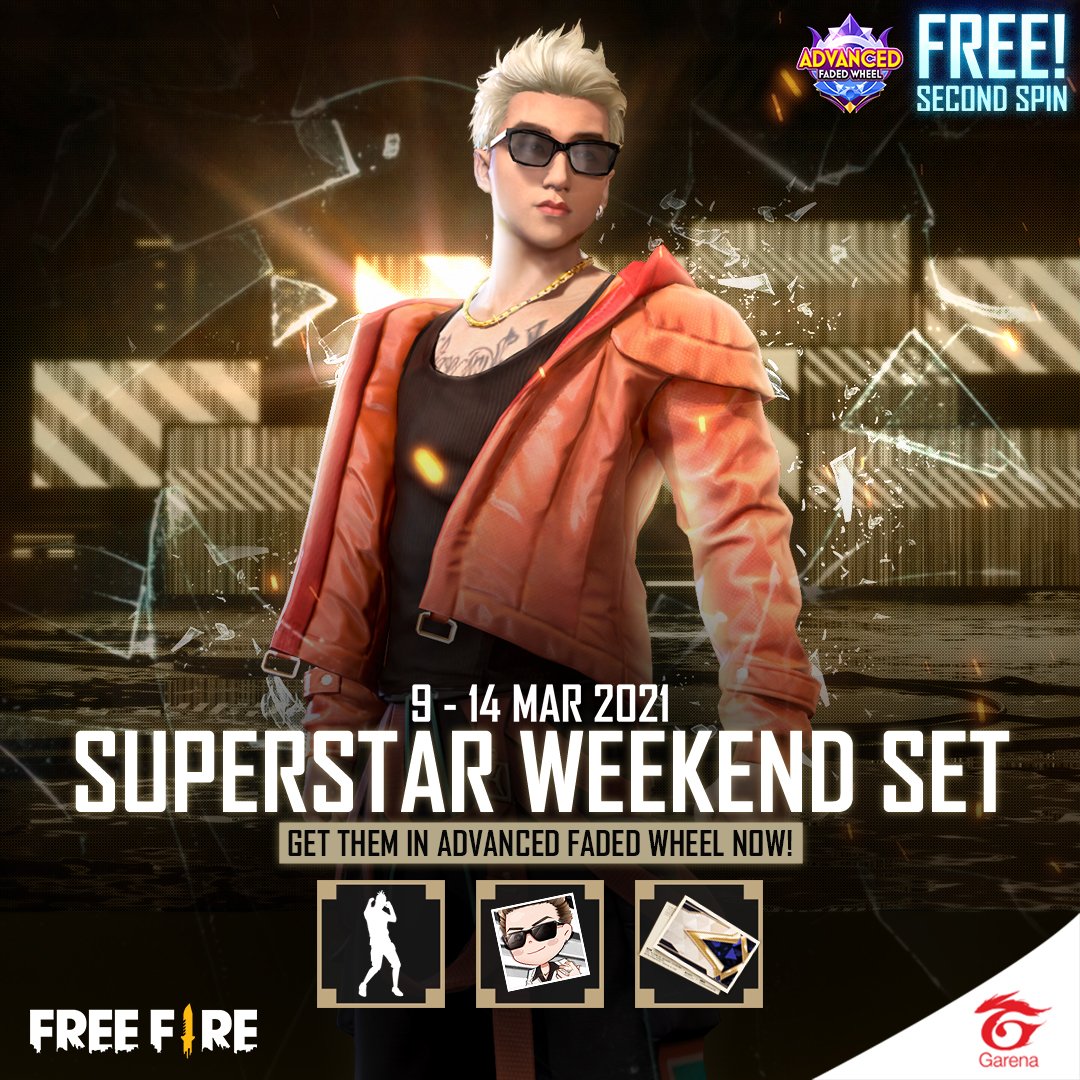 yatinthakur14's tweet photo. [Event] Free Fire x SKYLER🕊️
The latest fashion outfit from a new superstar - 
"Superstar Weekend Bundle".

Don't forget to own it with free second spin! 😎
Available in Advanced Faded-Wheel.
9 - 14 March 2021

#FreeFire #SuperstarWeekend
#SKYLER #MarchMadness
#FreeFireEU https://t.co/cUsi5Ba7nf
