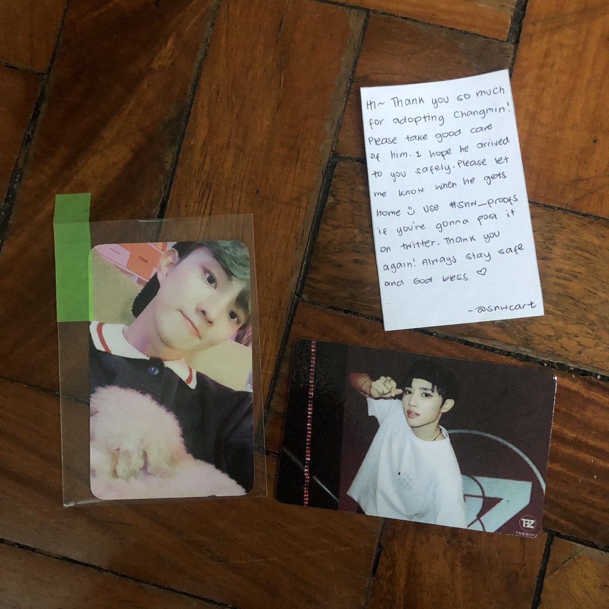 hoshwonu's tweet photo. changmin came home!! tysm to @snwcart for the easy and fast transaction!! changmin was packed very safe and securely and even came with freebies!! #snw_proofs https://t.co/LQE3NrOfe1