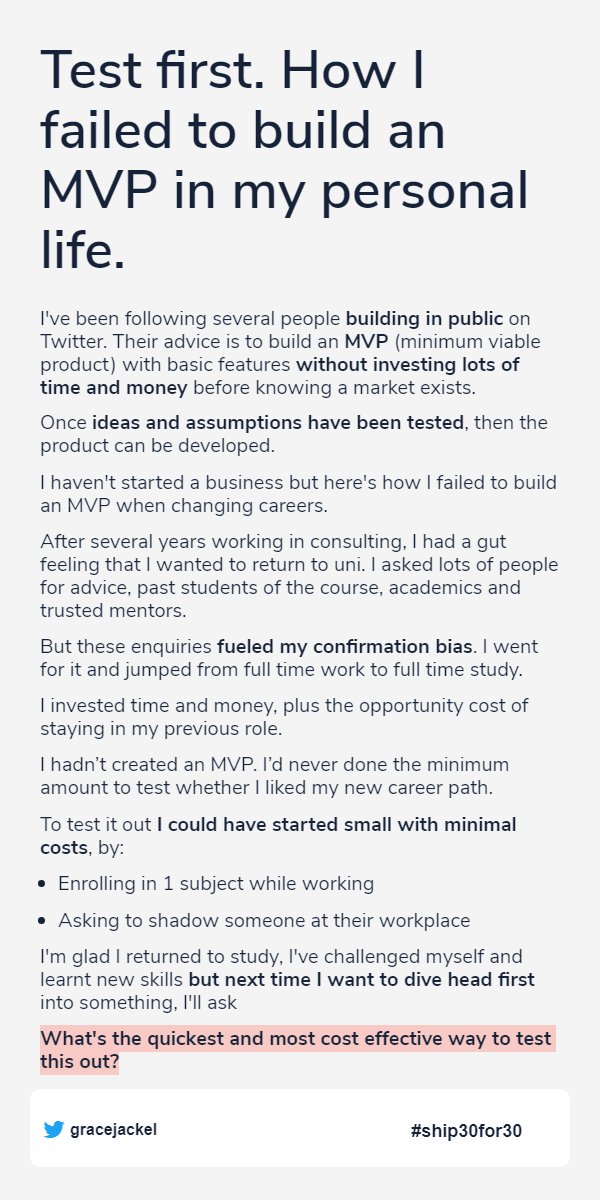 gracejackel's tweet photo. I jumped head first into going back to study and a career change

But maybe I should have tested it out first to minimise regret.

- #Ship30for30 Day 22 🚢 https://t.co/z9YXk5YVPG