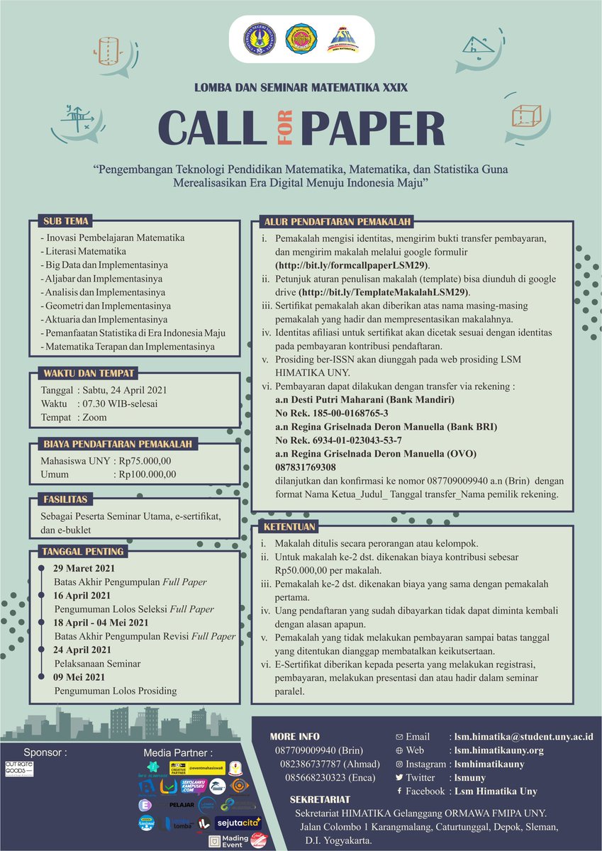 eventmenulisind's tweet photo. 🙌🎉 HIMATIKA FMIPA UNY PROUDLY PRESENTS 🎉🙌

📄 CALL FOR PAPER LSM XXIX 📄

Alur Pendaftaran 

(https://t.co/0F12NtzdYN) 
2️⃣ Petunjuk aturan penulisan makalah (template) bisa diunduh di Google Drive
(https://t.co/U1FreVMJcq)

#LSM29
#LSM2021 #lsmhimatikauny
#himatikafmipauny https://t.co/Bd6IXx75wl